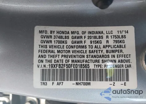 2015 Honda Civic Lx z USA, uszkodzony, nr VIN 19XFB2F50FE018565